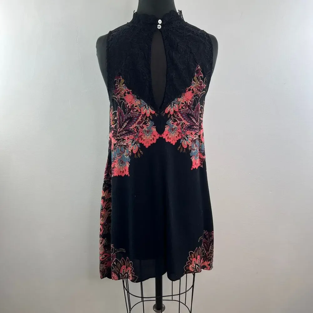 FREE PEOPLE Marsha Black Pink Slip Dress Floral Lace Mock Neck Pullover Medium M